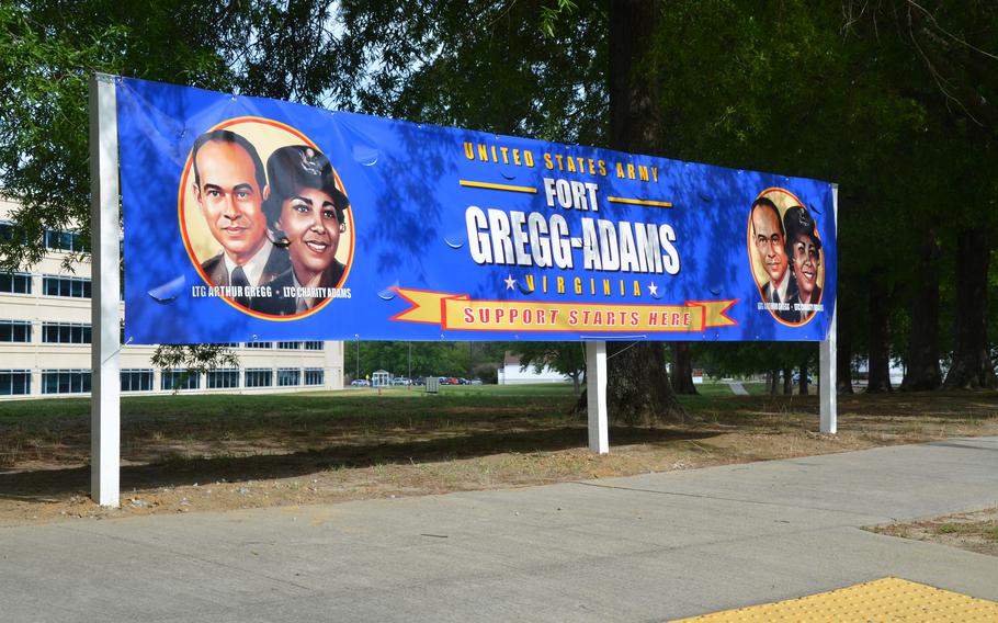 Fort Lee, Va., was renamed Fort Gregg-Adams on Thursday, April 27, 2023, in honor of Lt. Gen. Arthur Gregg and Lt. Col. Charity Adams, two Black Army officers who helped pave the way for an integrated military. Pictured is a sign on the post promoting the name change.