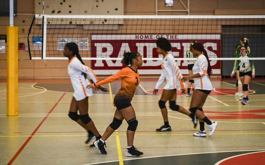Spangdahlem Sentinel Aniya Robinson rotates in, taking her position on the court as teammate Laila Leggett steps out during the DODEA Division III European volleyball fifth-place game on Oct. 27, 2023, in Kaiserslautern, Germany.