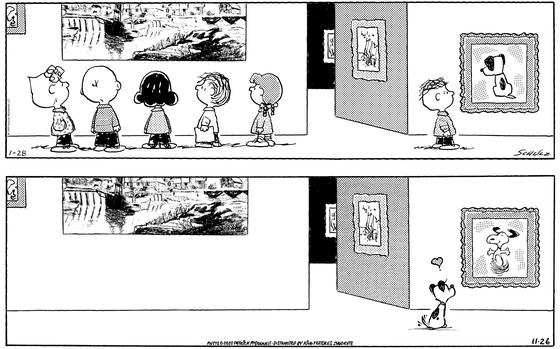 This combination of photos shows a “Peanuts” cartoon by  Charles M. Schulz in 1999 showing kids at a museum with one off on the side, gazing at a painting of the dog Earl from “Mutts," top, and an upcoming "Mutts" cartoon by Patrick McDonnell showing Earl at the museum fondly looking at a framed image of Snoopy. 