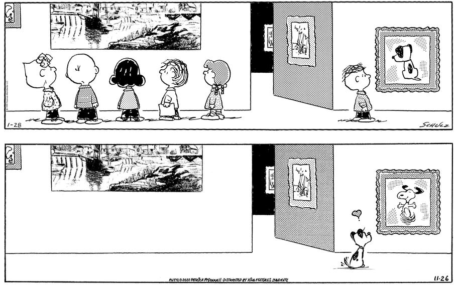 This combination of photos shows a “Peanuts” cartoon by  Charles M. Schulz in 1999 showing kids at a museum with one off on the side, gazing at a painting of the dog Earl from “Mutts,” top, and an upcoming “Mutts” cartoon by Patrick McDonnell showing Earl at the museum fondly looking at a framed image of Snoopy. 