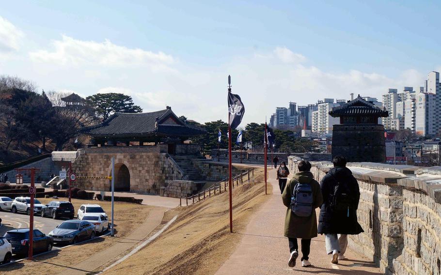 The path leading to the west gate of Suwon Hwaseong Fortress in Suwon, South Korea.
