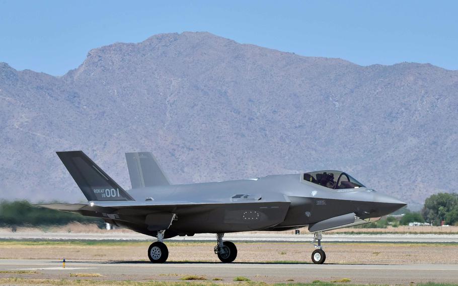 A South Korea air force F-35A Lightning II taxis onto the runway at Luke Air Force Base, Ariz., July 20, 2018.