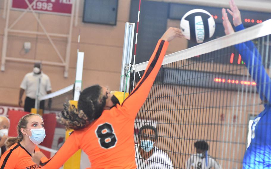 Spangdahlem's Niyia Fields tries to bump the ball over the net Friday, Oct. 29, 2021, at the DODEA-Europe Division III tournament in Kaiserslautern, Germany.