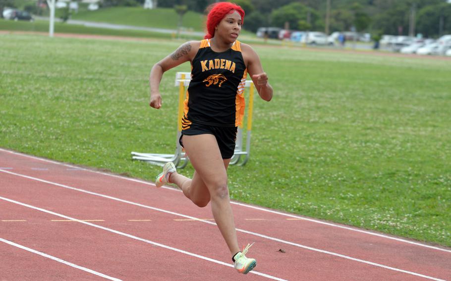 Kadena's Sharday Baker won the 100 in 12.65 seconds during Tuesday's Okinawa track and field meet.