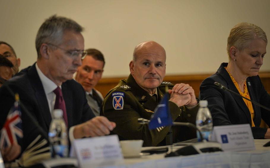Gen. Christopher Cavoli listens to opening remarks at a Ukraine Defense Contact Group meeting April 21, 2023, at Ramstein Air Base in Germany. Cavoli, who serves as both U.S. European Command chief and NATO supreme allied commander in Europe, met with defense officials Wednesday in Brussels to discuss future defense plans for the alliance.