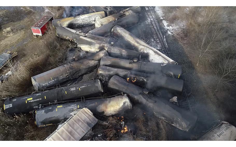 A video screen grab shows the freight train derailment in East Palestine, Ohio, on Feb. 6, 2023.
