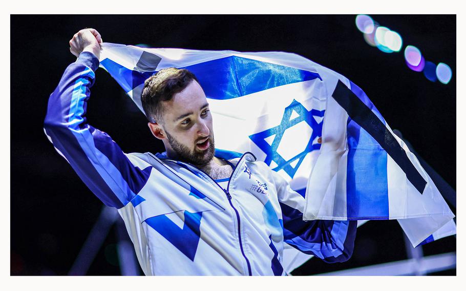 Gold medalist Artem Dolgopyat of Team Israel celebrates in Antwerp, Belgium. on Oct. 7, 2023, after winning the Men’s Floor Exercise Final at the 2023 Artistic Gymnastics World Championships.