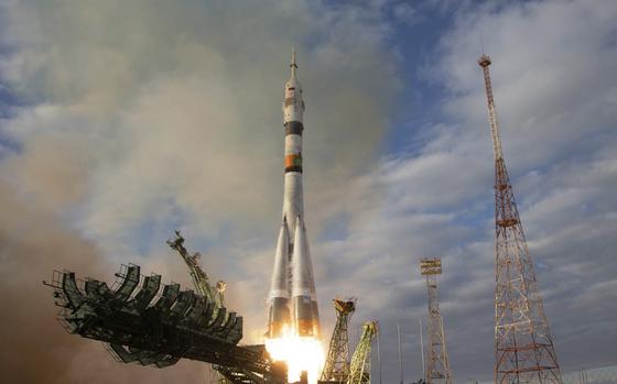 In this photo released by Roscosmos space corporation, the Soyuz 2.1a rocket with Soyuz MS-25 spacecraft carrying NASA astronaut Tracy Dyson, Oleg Novitsky of Roscosmos and Marina Vasilevskaya of Belarus to the International Space Station, ISS, lifts off from the Russian-leased Baikonur launch facility in Kazakhstan, Saturday, March 23, 2024. The crew's launch was initially scheduled for Thursday, but it was aborted by an automatic safety system about 20 seconds before the scheduled liftoff. Officials said the launch abort was triggered by a voltage drop in a power source. (Natalya Berezhnaya, Roscosmos space corporation via AP)