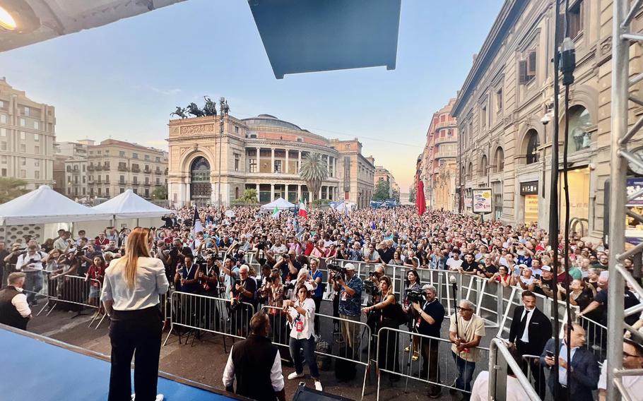 Giorgia Meloni addresses voters during a campaign event in Palermo, Italy, Sept. 20, 2022. Meloni was elected prime minister in September, and analysts say she is likely to maintain strong relations with the U.S. and NATO, though her government's coalition partners could test that commitment.