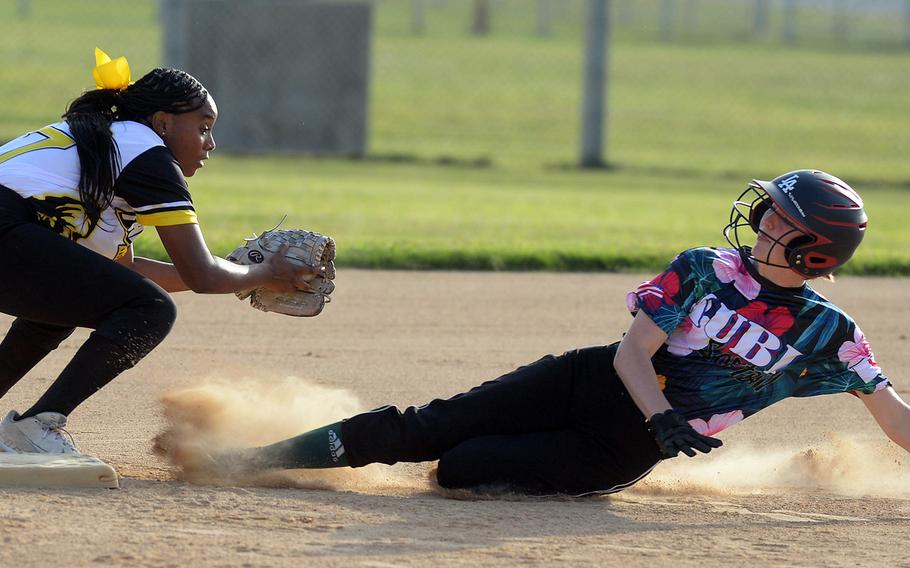 Kubasaki's Taryn Lockhart slides safely into second base ahead of the tag of Kadena's Alannah Williams during Tuesday's Okinawa softball game. The Dragons won 8-7.