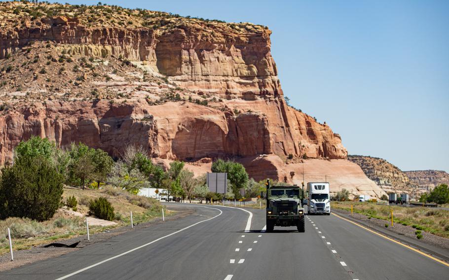 Marines drive down the highway near Lupton, Ariz., May 13, 2021. Marines with 2nd Transportation Battalion, Combat Logistics Regiment 2, 2nd Marine Logistics Group crossed the United States in one of the longest convoys in the service's history. 