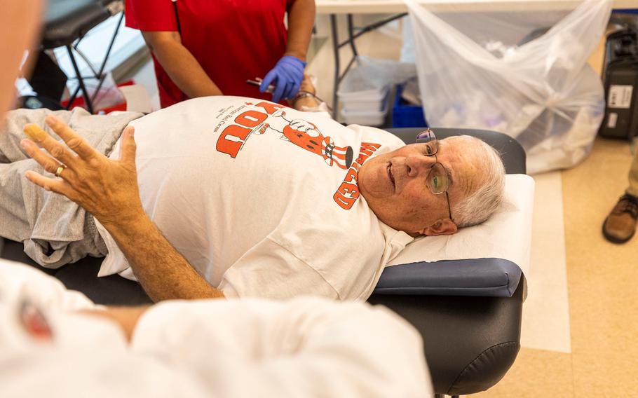 Marc Satalof, 76, of Upper Gwynedd, Pa., donates his 280th pint of blood at Penn Medicine’s Perelman Center for Advanced Medicine in Philadelphia, his final donation to the Red Cross after more than 50 years.