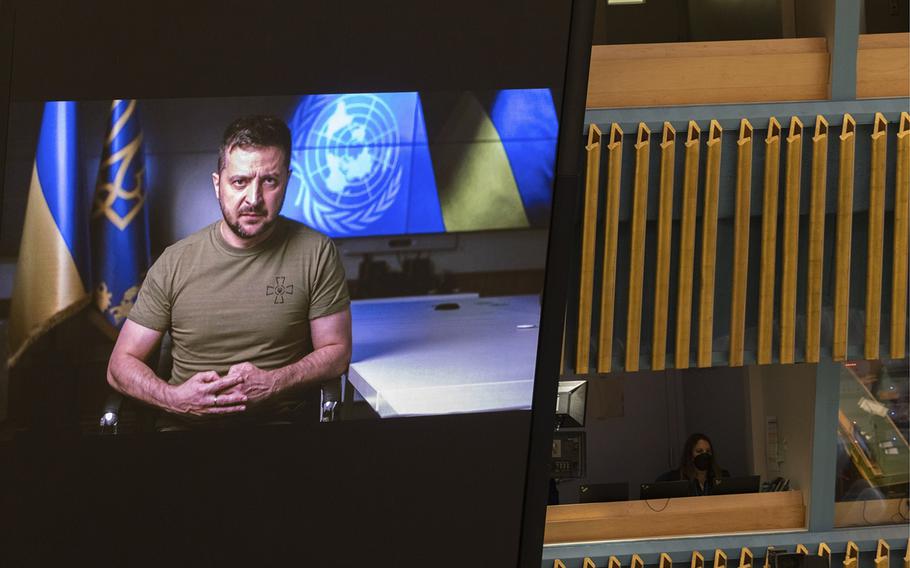 Ukrainian President Volodymyr Zelensky is seen on a monitor speaking during the United Nations General Assembly in New York on Sept. 21, 2022. 