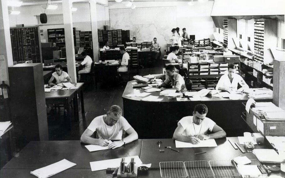 Navy code breakers at work at Pearl Harbor during World War II. 