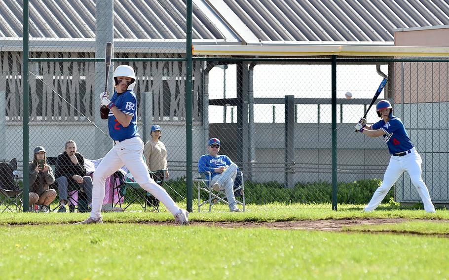 Ramstein shortstop Luke Seaburgh braces for impact on a pitch by Wiesbaden's Jack Lehr during the first game of a doubleheader on April 6, 2024, on Clay Kaserne in Wiesbaden, Germany.