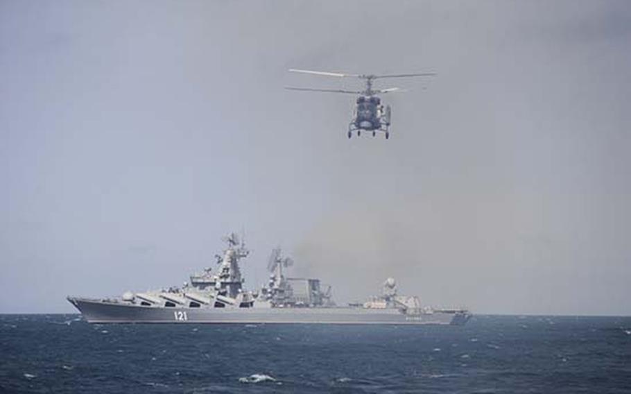 The Russian missile cruiser Moskva, or Moscow, as seen during battle drills in the Black Sea, September 2021. Ukraine says its forces struck the ship with missiles on April 13, 2022. Russia confirmed the crew had to evacuate the ship because of an a fire and resulting ammunition detonating, but did not give further details.