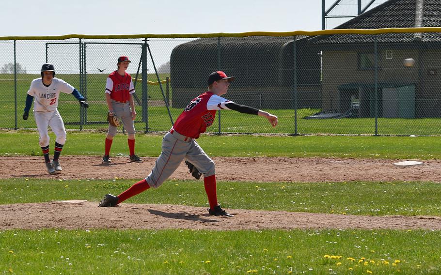 Kaiserslautern's Bryant Lokey fires a pitch to record his fourth strikeout in two innings against the Lakenheath Lancers on Saturday, April 29, 2023 at RAF Feltwell, England.