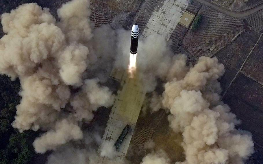 North Korea launches what it has claimed to be a Hwasong-17 intercontinental ballistic missile in this image released by the state-run Korean Central News Agency on March 25, 2022.