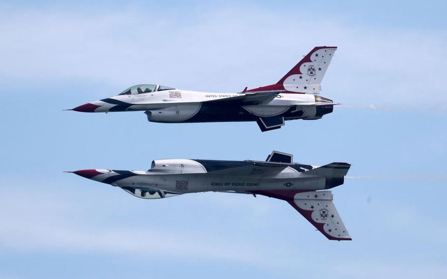 The USAF Thunderbirds perform during the 2019 Atlantic City Airshow on Aug. 21, 2019.