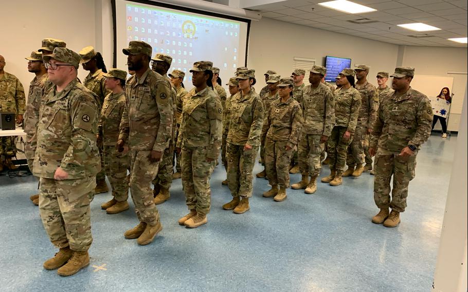 54th Quartermaster Company Soldiers march into a welcome home ceremony on April 12, 2024, at the Family Life Center on Fort Gregg-Adams, Va.