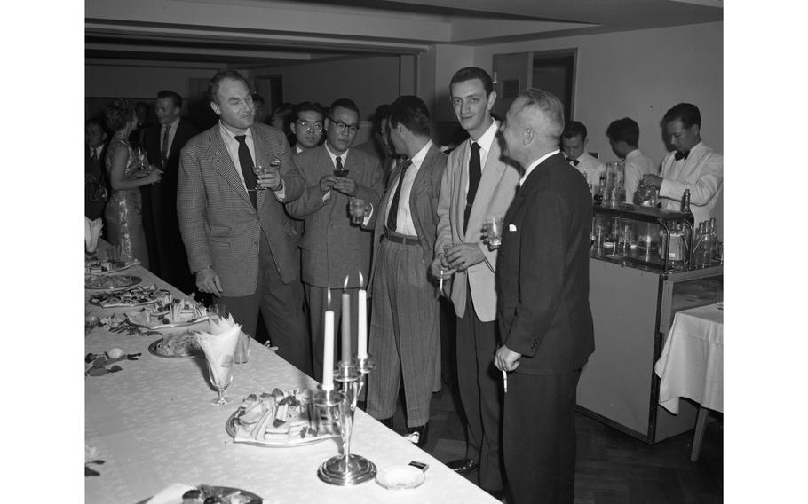 Norman Granz (left) and others at the Jazz At The Philharmonic reception at the Nikkatsu Hotel, Tokyo.