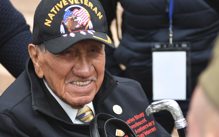 Veteran Charles Shay, who was a 20-year-old infantryman and medic when he landed on Omaha Beach on June 6, 1944, attends the D-Day anniversary ceremony at Normandy American Cemetery on Tuesday, June 6, 2023. “There aren’t many of us left,” Shay said. “I hope to be here again next year.”
