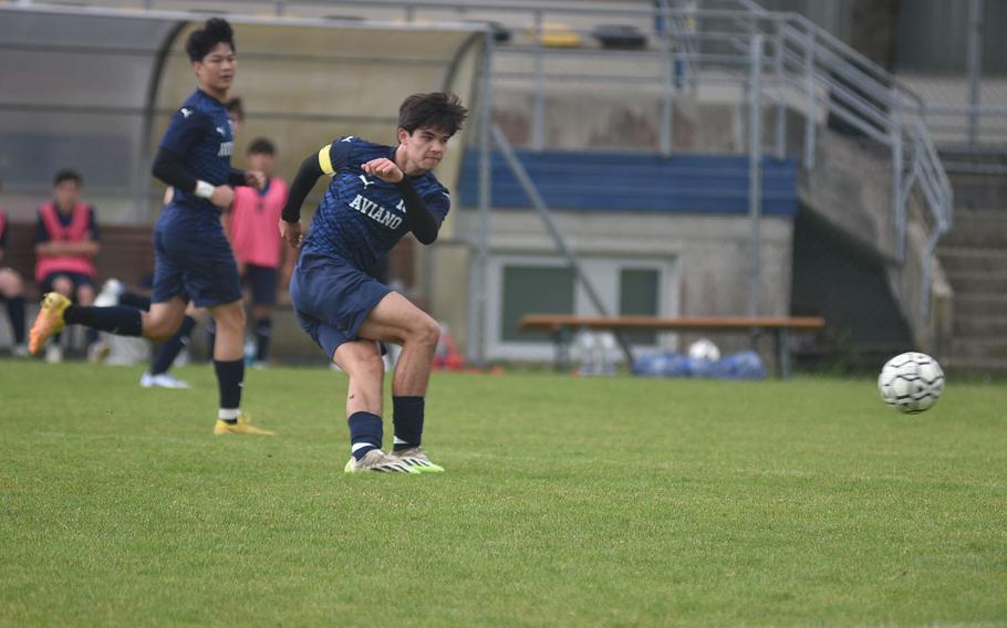 Aviano juniors Joseph Guerrero, left, and Xavier Fox teamed up for all three goals Saturday, April 27, 2024, in the Saints 3-2 victory over Rota.