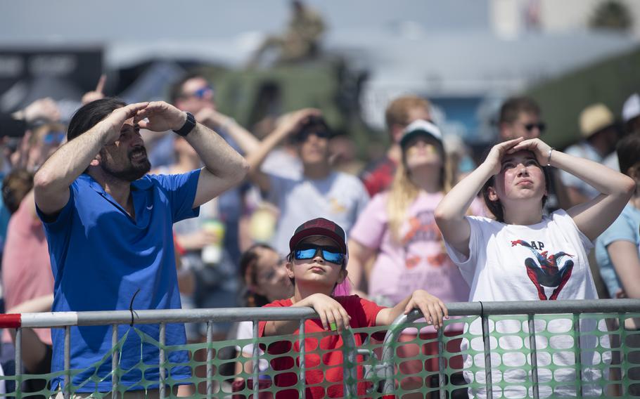The crowd watches the Wings of Blue perform during the Charleston Airshow at Joint Base Charleston, S.C., Saturday, April 20, 2024. 