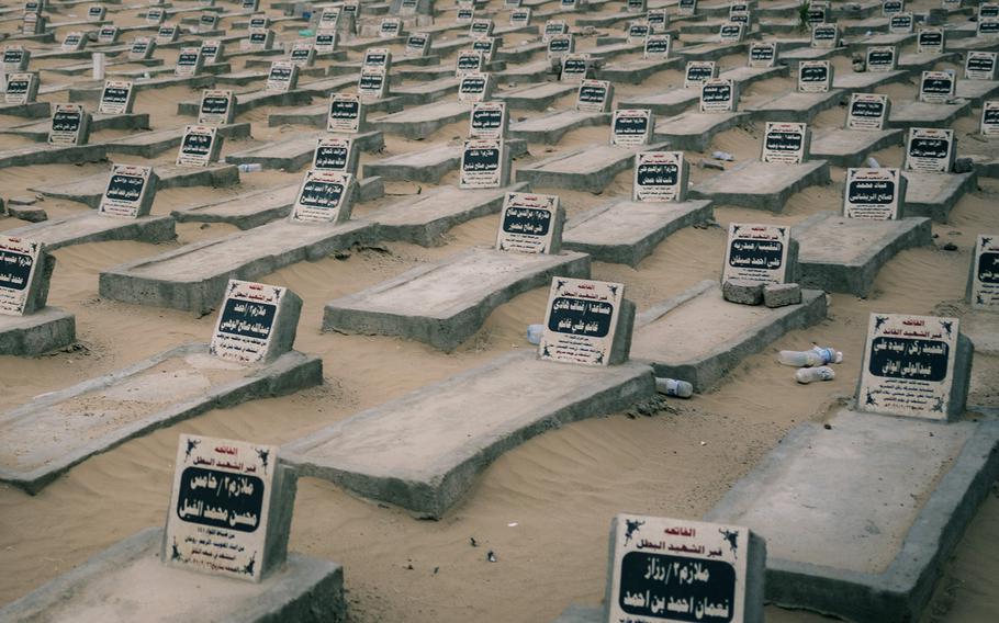 A new cemetery, seen in Yemen in mid-August 2021, was established near an older one to accommodate civilian and military casualties. 