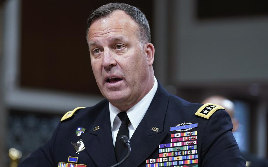 Army Gen. Michael Kurilla, the commander of U.S. Central Command, testifies Thursday, March 16, 2023, during a Senate Armed Services Committee hearing on Capitol Hill in Washington.