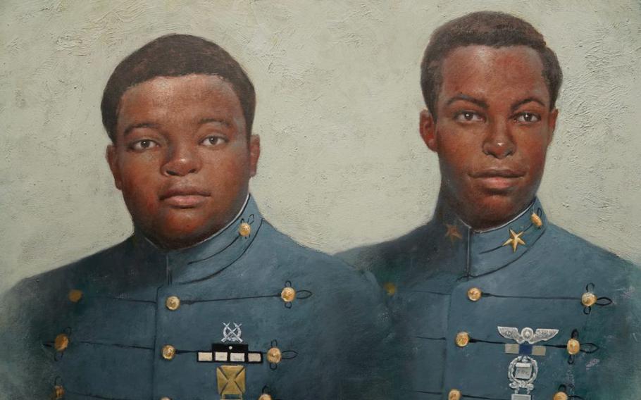 The Citadel unveiled this portrait of Charles Foster and Joseph Shine, the first two African American cadets at the military college, during a portrait presentation ceremony on Nov. 13, 2021. The artist is Reynier LLanes. 