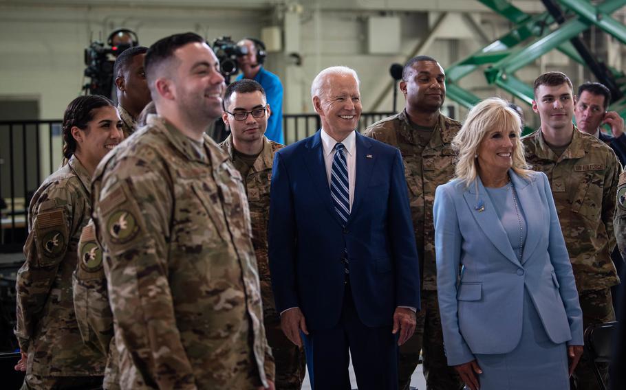 President Joe Biden and first lady Jill Biden interact with service members at Joint Base Langley-Eustis, Va., in May 2021. 