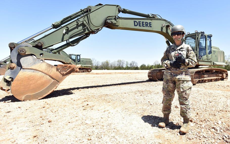 Army Spc. Zainab Olivo takes part in engineer training earlier this year with Company D, 554th Engineer Battalion at Fort Leonard Wood, Mo. 