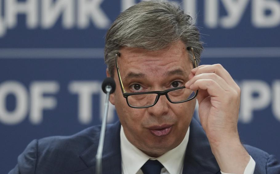 Serbian President Aleksandar Vucic speaks during a public address in Belgrade, Serbia, Wednesday, April 16, 2025.