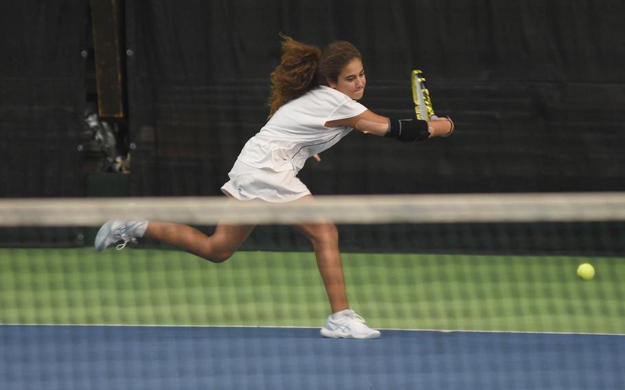 Sigonella’s Charlize Caro chases down the ball in her third-place match against Marymount’s Asalei Caffarelli at the DODEA European tennis championships on Saturday, Oct. 22, 2022, in Wiesbaden, Germany. Caro fell to Caffarelli, 8-5.