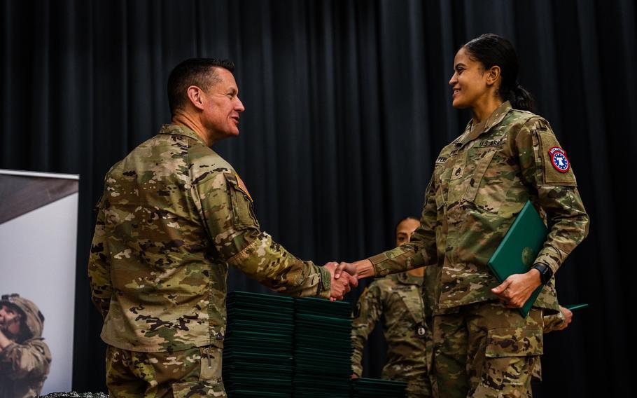 Sgt. Maj. of the Army Michael Weimer joins senior leaders of the U.S. Army Recruiting and Retention College and the U.S. Army Recruiting Command at a Dec. 21, 2023, ceremony at Fort Knox, Ky., to honor the newest members of the recruiting force.