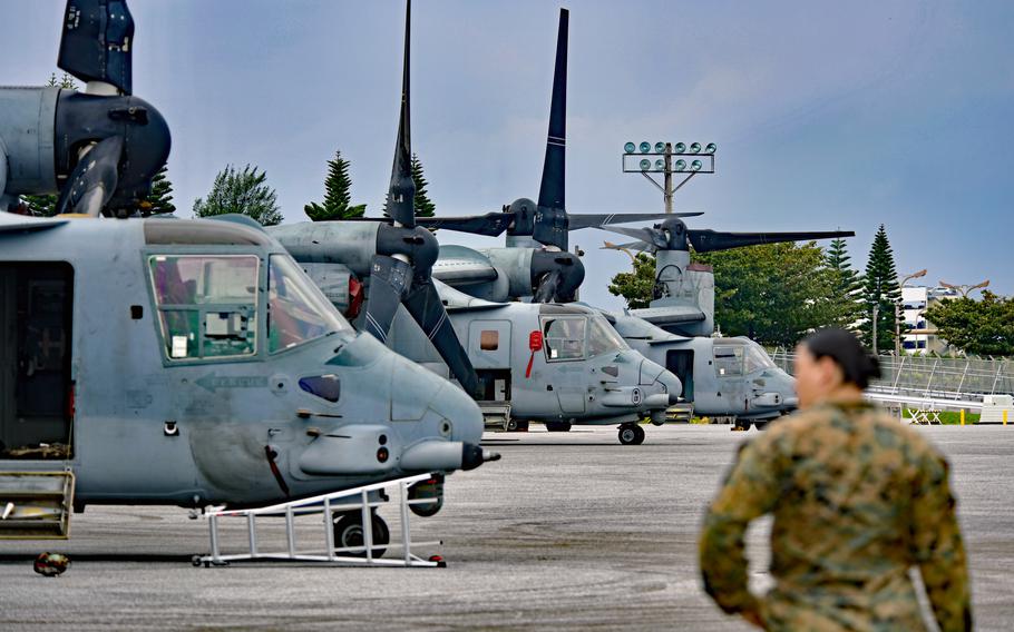 Three Marine Corps Osprey MV-22B aircraft, shown here Nov. 8, 2022, arrived at Naha Military Port, Okinawa, Japan, on Nov. 7, for delivery to nearby Marine Corps Air Station Futenma.