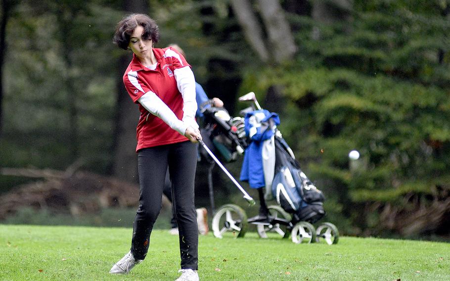 Lakenheath's Lillian Davis hits on the fairway of the No. 17 hole during the first day of the DODEA European golf championships on Oct. 12, 2023, at Woodlawn Golf Course on Ramstein Air Base, Germany.