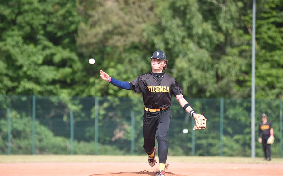 Vicenza's Austin Perry delivers to home in the Cougars' game against Spangdahlem on the second day of the DODEA-Europe Division II/III baseball championships Thursday, May 22, 2025, at Kaiserslautern, Germany. 