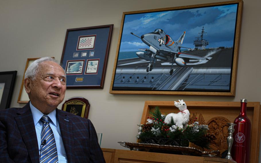 Retired Navy pilot Everett Alvarez Jr. talks Wednesday, May 10, 2023, about his time as a prisoner of war during the Vietnam War. Alvarez was the first fighter pilot shot down during the conflict.