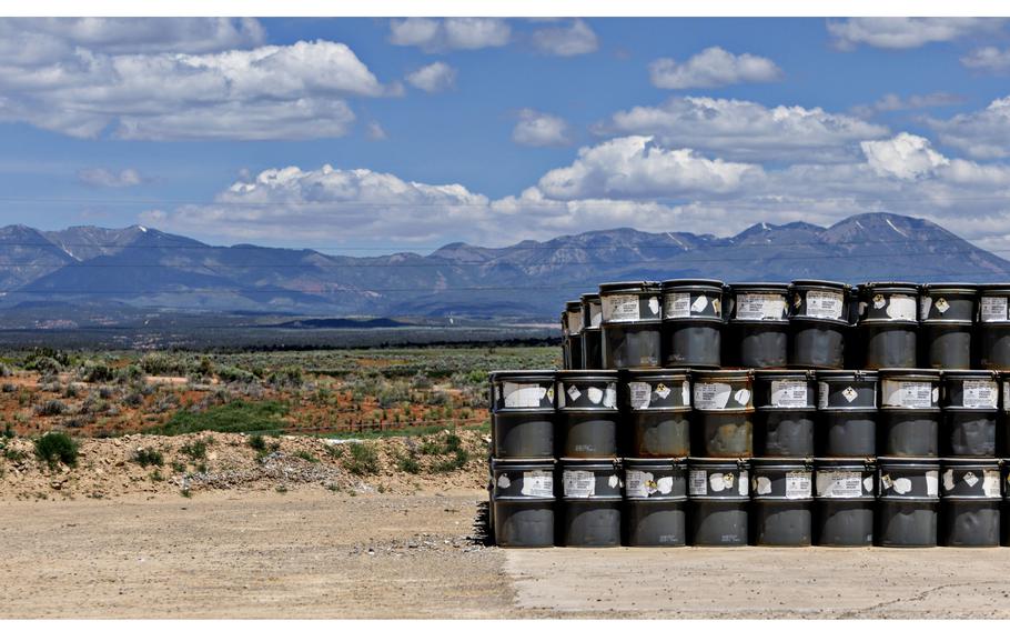 Barrels being stored at Energy Fuels Inc.'s White Mesa Mill in Blanding, Utah. 