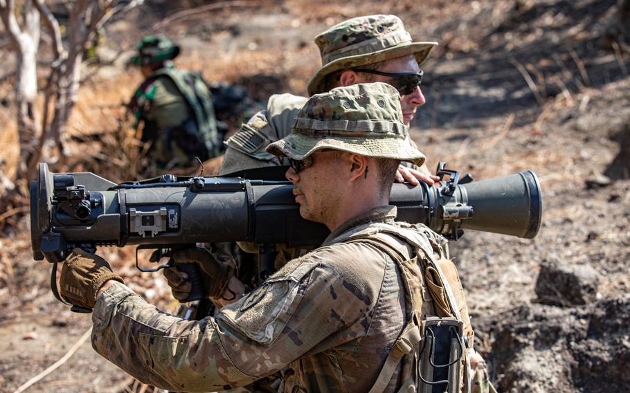 Soldiers from the 25th Infantry Division prepare to fire a Carl Gustaf recoilless rifle during the Super Garuda Shield exercise at Puslatpur Marine Base in East Java, Indonesia, Sept. 6, 2023.