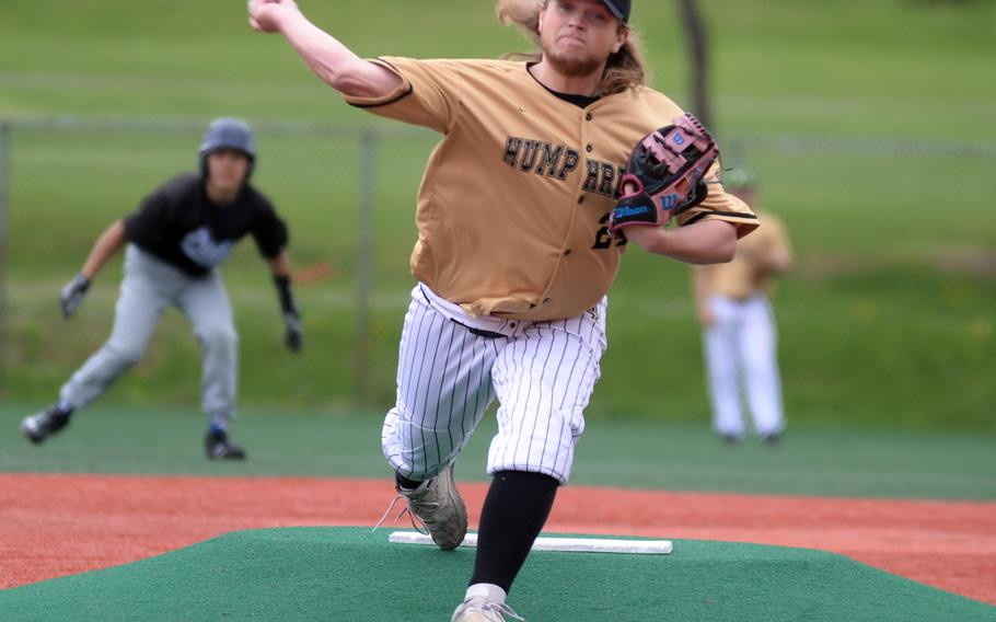 Humphreys reliever Deacon Hahn delivers against Osan’s A.J. Panboon for the final out.