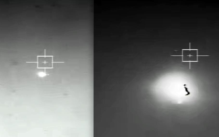 This screenshot from a video footage shows a North Korean satellite launch, May 27, 2024, which failed and scattered debris over the Yellow Sea.
