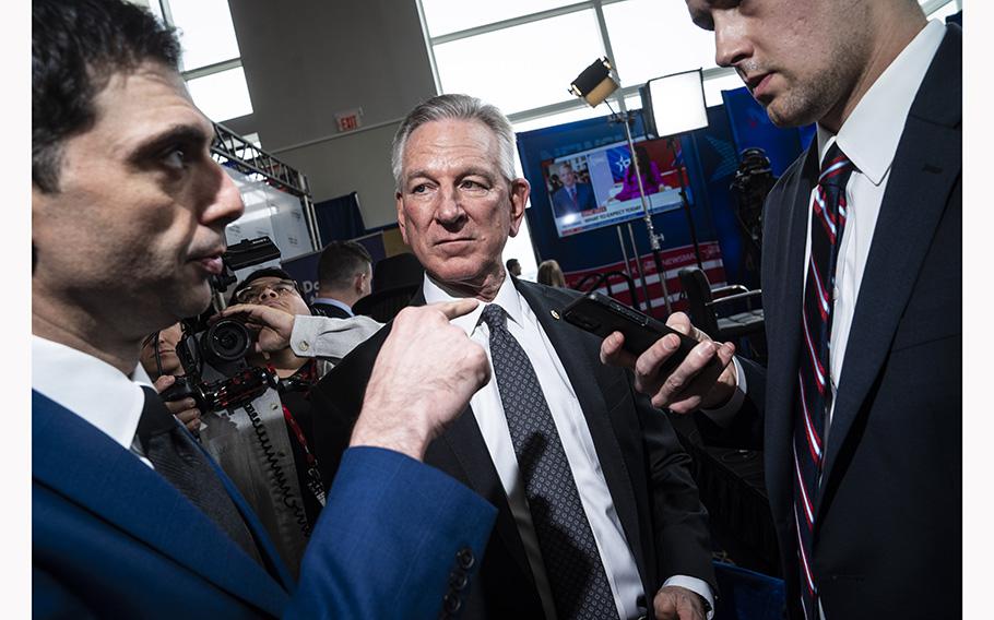 Sen. Tommy Tuberville, R-Ala., attends the Conservative Political Action Conference on March 2, 2023. He has dug in on holding up Defense Department promotions.