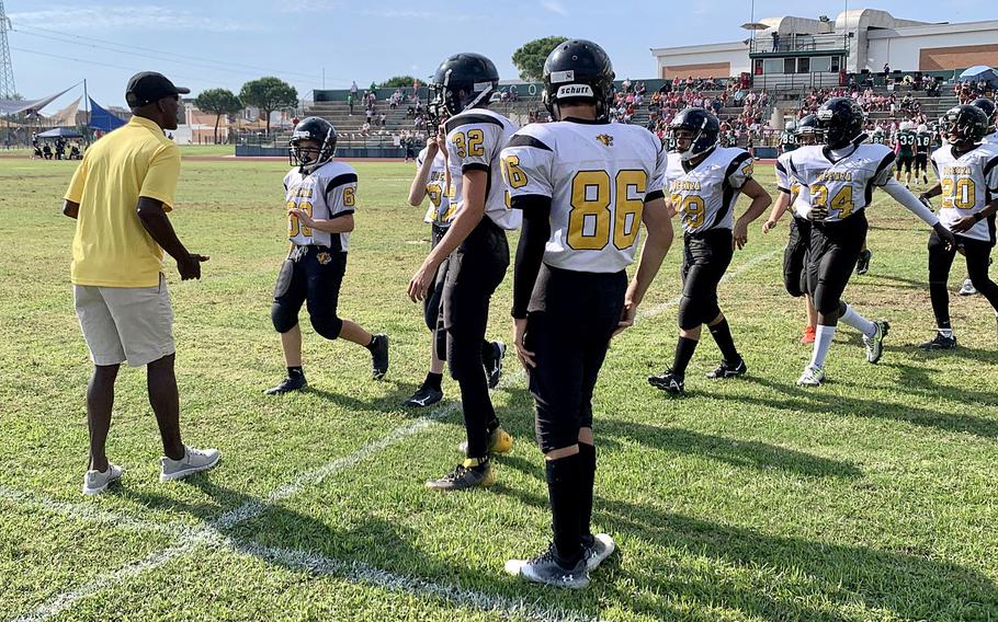 Vicenza coach Jesse Woods tries to get his team to follow the script during the Cougars' 42-0 loss to the unbeaten Naples Wildcats on Saturday, Oct. 8, 2022.