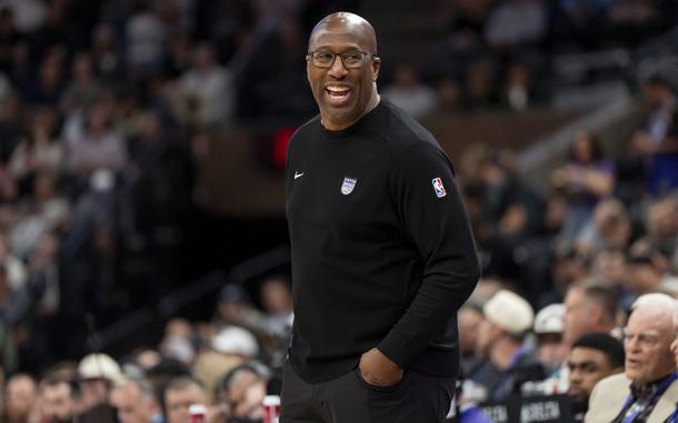 FILE - Sacramento Kings head coach Mike Brown is pictured in the first half of an NBA preseason basketball game against the Utah Jazz, Oct. 15, 2024, in Salt Lake City. (AP Photo/Spenser Heaps, File)