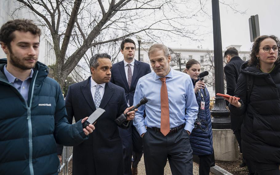 Rep. Jim Jordan, R-Ohio, speaks with reporters after leaving a House GOP conference meeting on Capitol Hill on Jan. 25, 2023.
