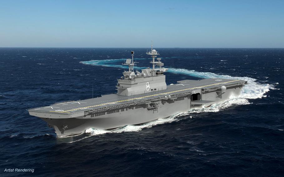 An artist rendering of the future USS Bougainville (LHA 8). Ingalls Shipbuilding is investigating a fire inside the superstructure of the future future USS Bougainville, which the shipyard is constructing for the U.S. Navy.