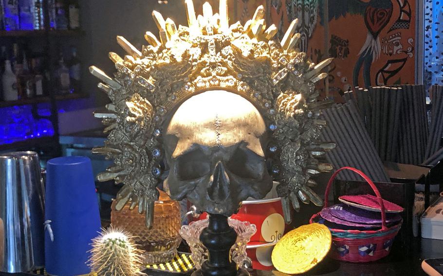 This decorated skull is part of the Casa Azteca Day of the Dead design.  Casa Azteca is a Mexican restaurant in Wiesbaden, Germany.